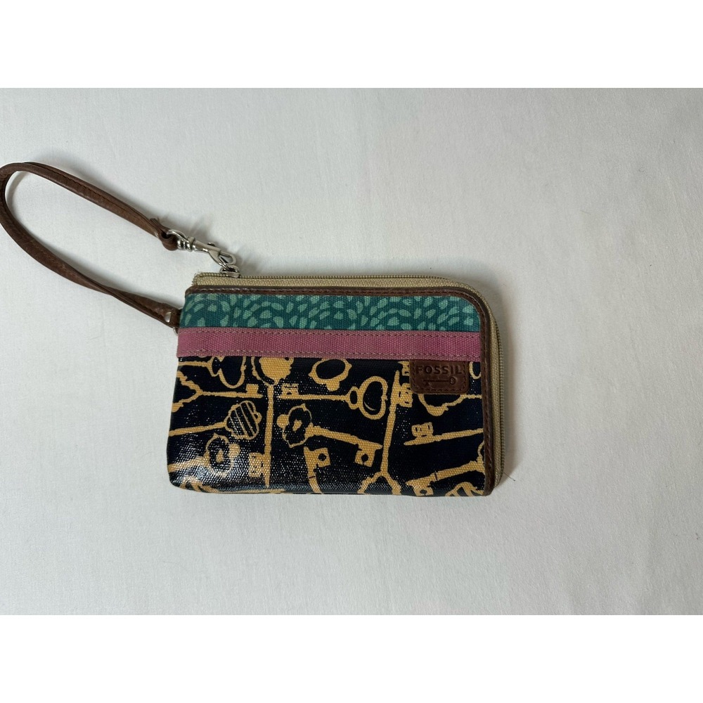 Fossil Key-Per Womens Wristlet Coated Canvas Zip Multicolor Keys Aprox. 6x4"